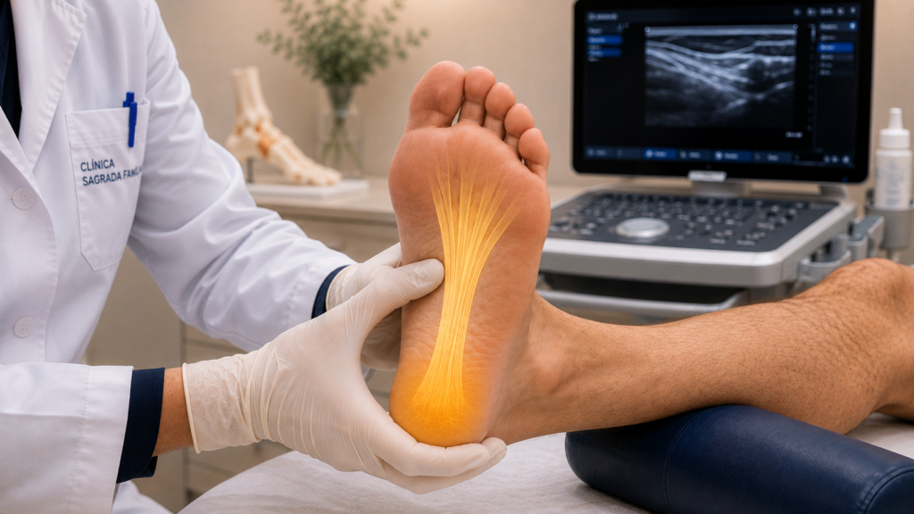 Fascitis plantar: ilustración anatómica del pie mostrando la zona de inflamación en el talón